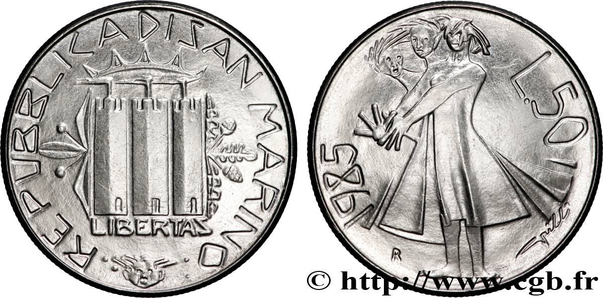 SAINT-MARIN 50 Lire trois tours / “guerre à la drogue 1985 Rome - R SPL 
