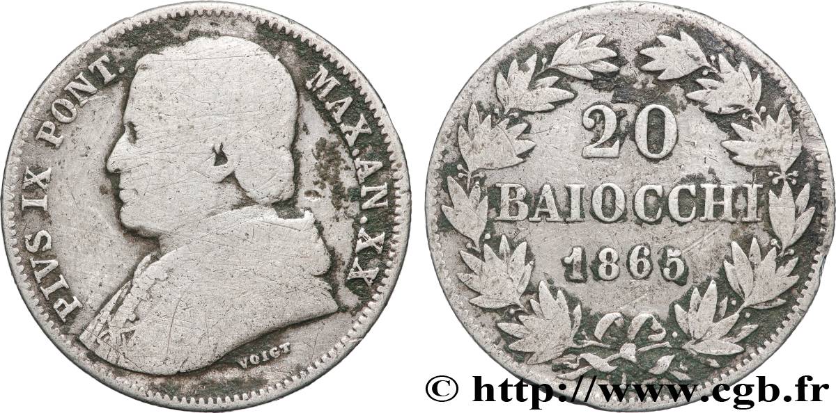 VATICAN ET ÉTATS PONTIFICAUX 20 Baiocchi Pie IX an XX 1865 Rome B+/TTB 