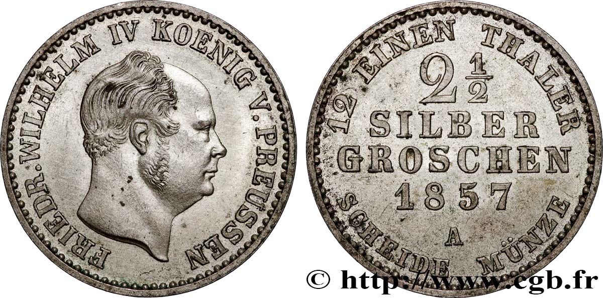 GERMANY - PRUSSIA 2 1/2 Silbergroschen Frédéric Guillaume IV 1857 Berlin AU 