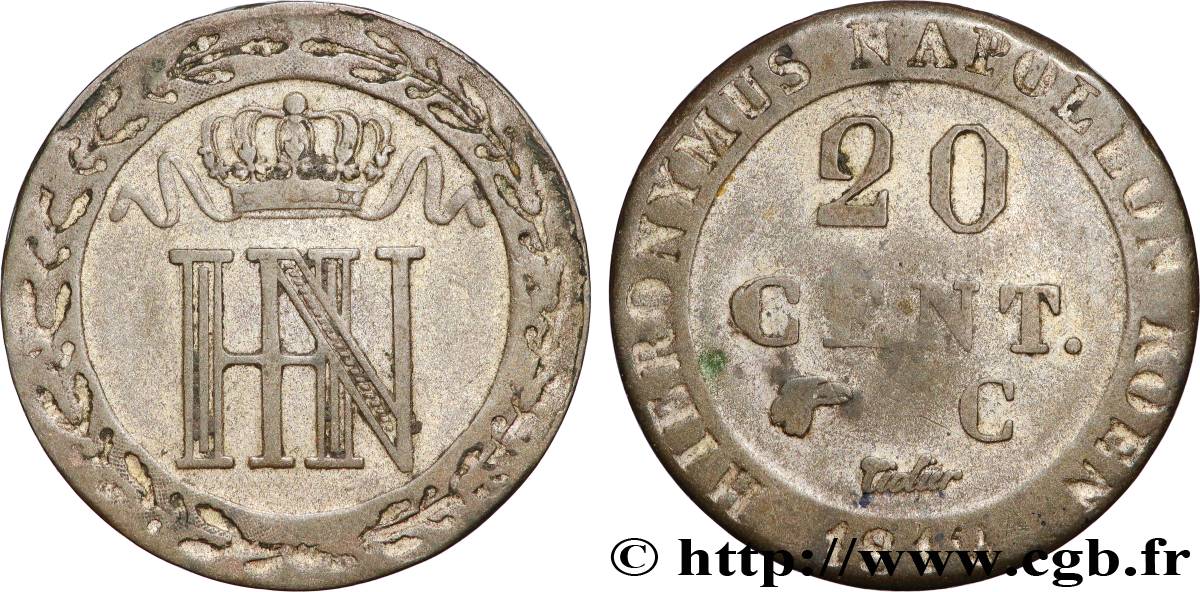 ALLEMAGNE - ROYAUME DE WESTPHALIE 20 Cent. monogramme de Jérôme Napoléon 1812 Cassel - C TB+ 