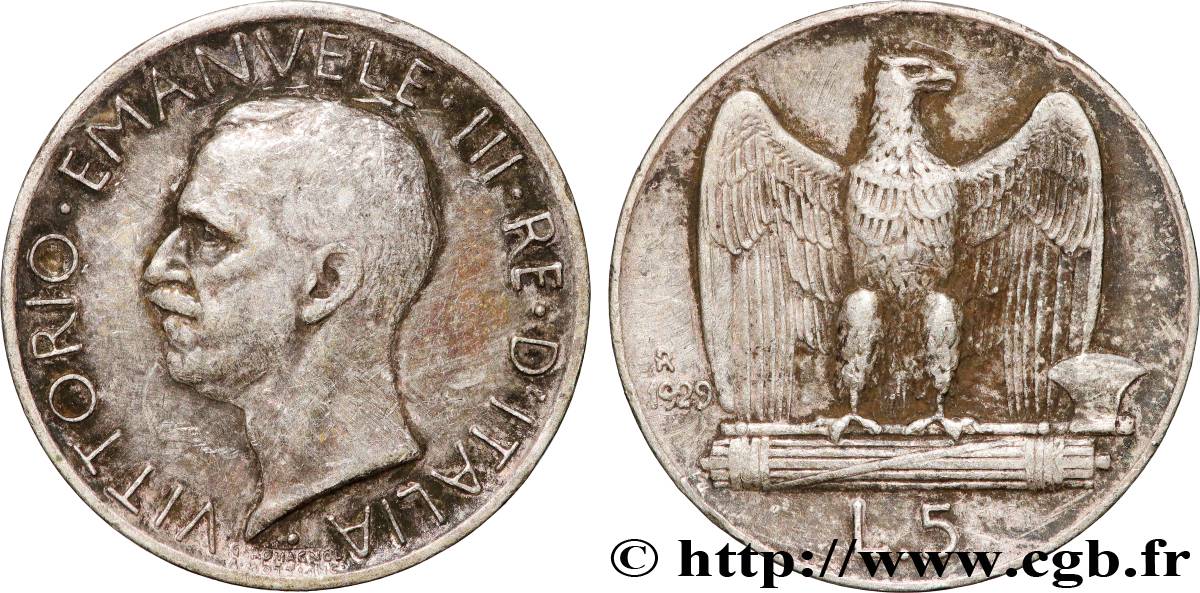 ITALY 5 Lire Victor Emmanuel III 1929 Rome AU 