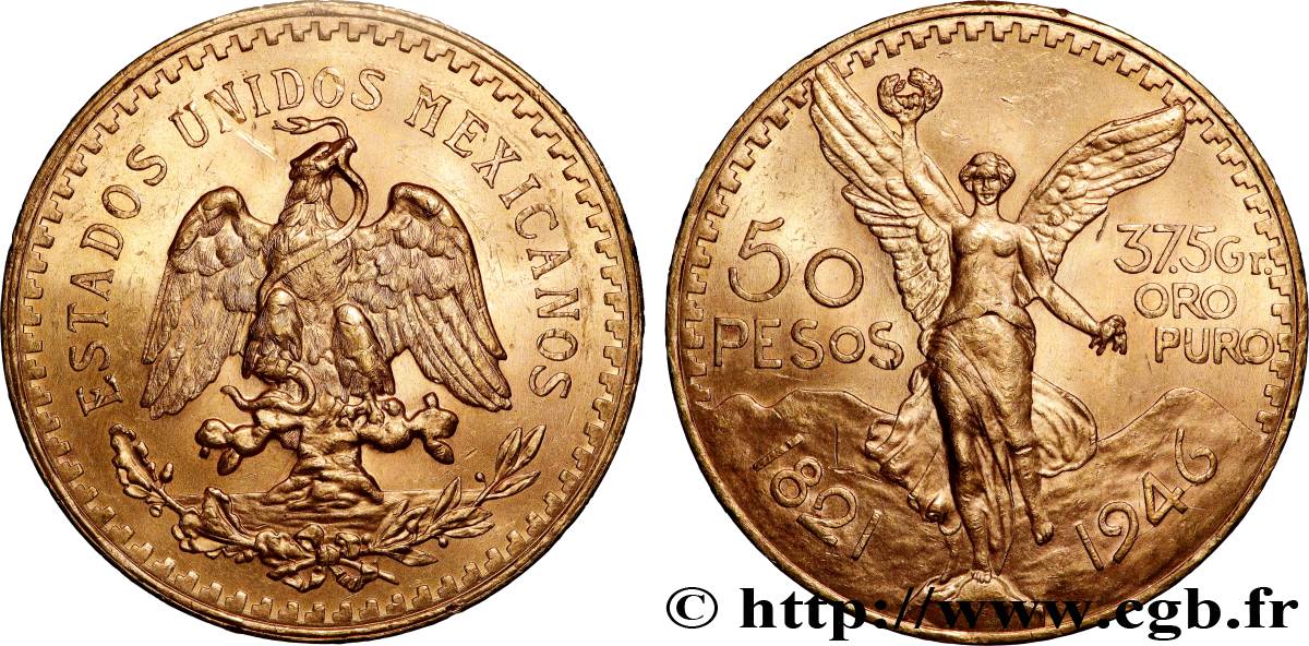 GOLD, PALLADIUM & PLATINUM INVESTMENT 50 Pesos or 1946 Mexico MS 