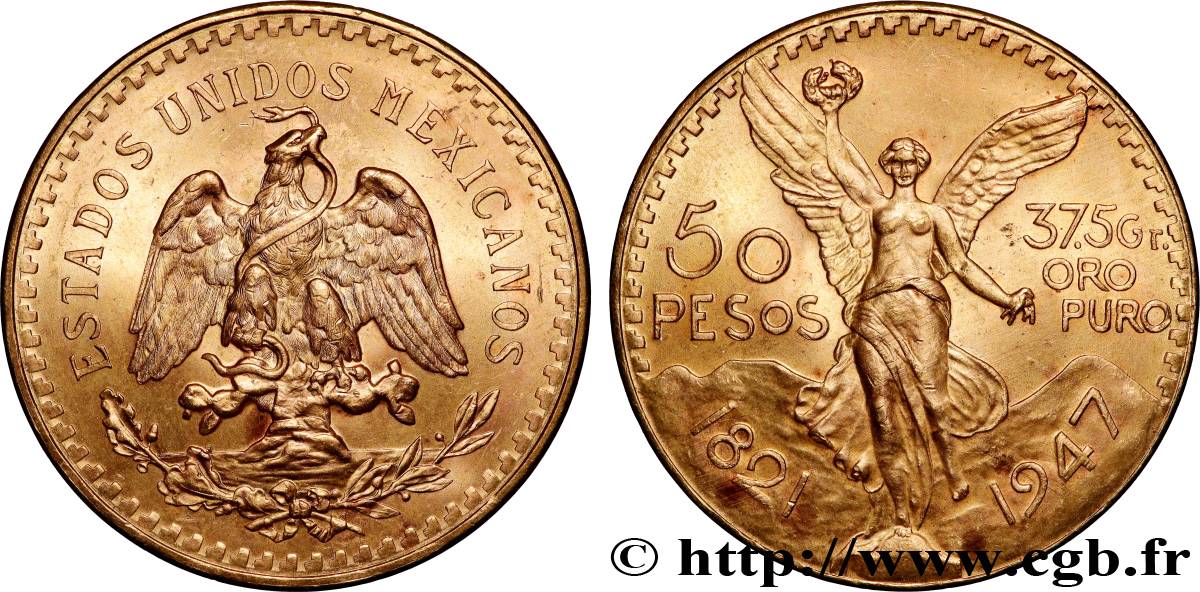 GOLD, PALLADIUM & PLATINUM INVESTMENT 50 Pesos or 1947 Mexico MS 