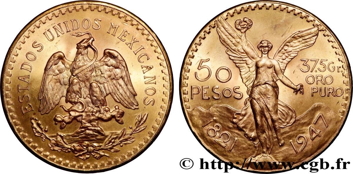 GOLD, PALLADIUM & PLATINUM INVESTMENT 50 Pesos or 1947 Mexico MS 