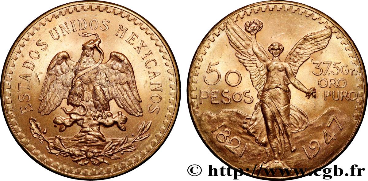 GOLD, PALLADIUM & PLATINUM INVESTMENT 50 Pesos or 1947 Mexico MS 