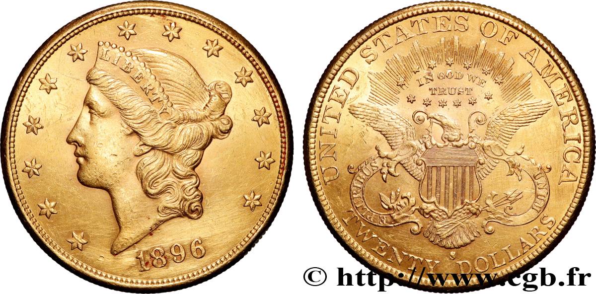 GOLD, PALLADIUM & PLATINUM INVESTMENT 20 Dollars  Liberty  1896 San Francisco AU 