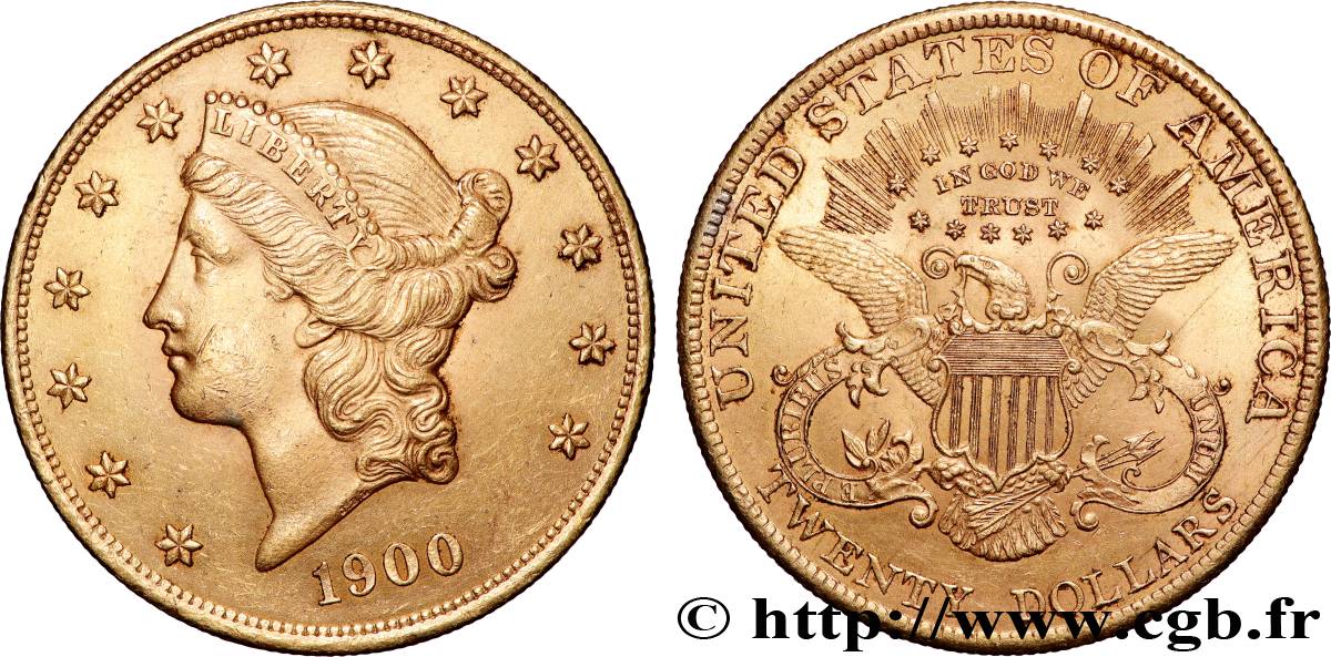 OR, PALLADIUM ET PLATINE INVESTISSEMENT 20 Dollars or  Liberty , avec In God we trust 1900 Philadelphie TTB+ 