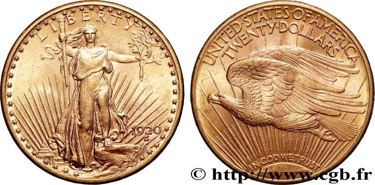 GOLD, PALLADIUM & PLATINUM INVESTMENT 20 Dollars  Saint-Gaudens” 1920 Philadelphie AU 