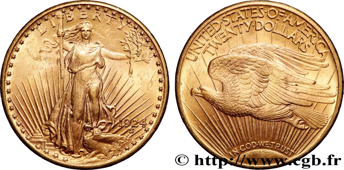 GOLD, PALLADIUM & PLATINUM INVESTMENT 20 Dollars  Saint-Gaudens” 1924 Philadelphie AU 