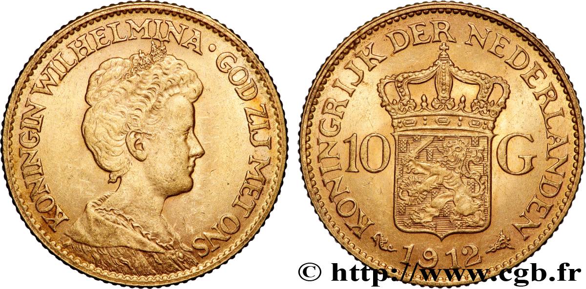 GOLD, PALLADIUM & PLATINUM INVESTMENT 10 Guldens or ou 10 Florins Wilhelmine 1912 Utrecht AU 