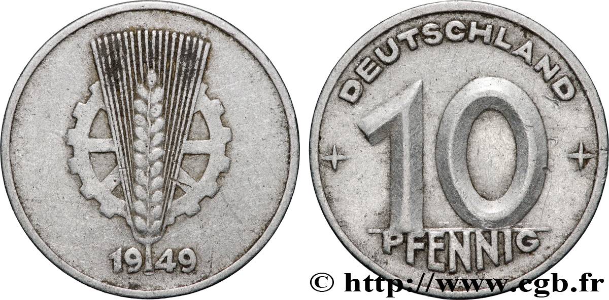 REPUBBLICA DEMOCRATICA TEDESCA 10 Pfennig engrenage et épi type Deutschland 1949 Berlin BB 