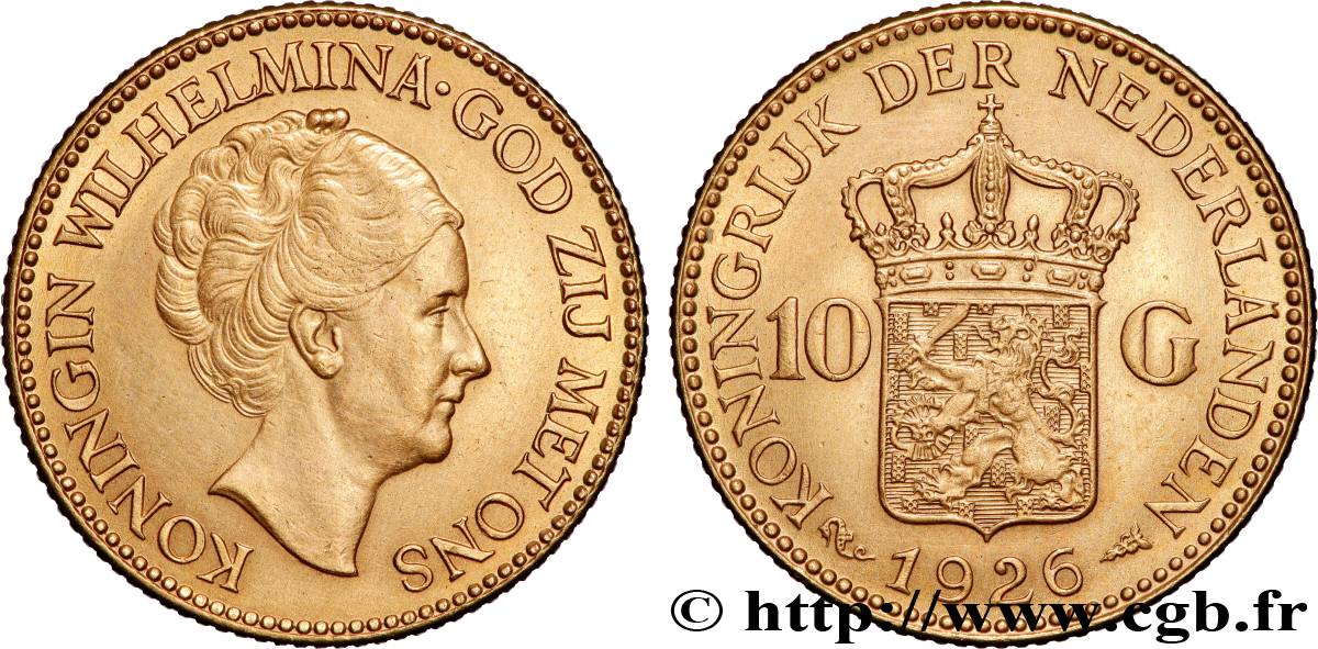 GOLD, PALLADIUM & PLATINUM INVESTMENT 10 Gulden or ou 10 Florins Wilhelmine 1926 Utrecht AU 