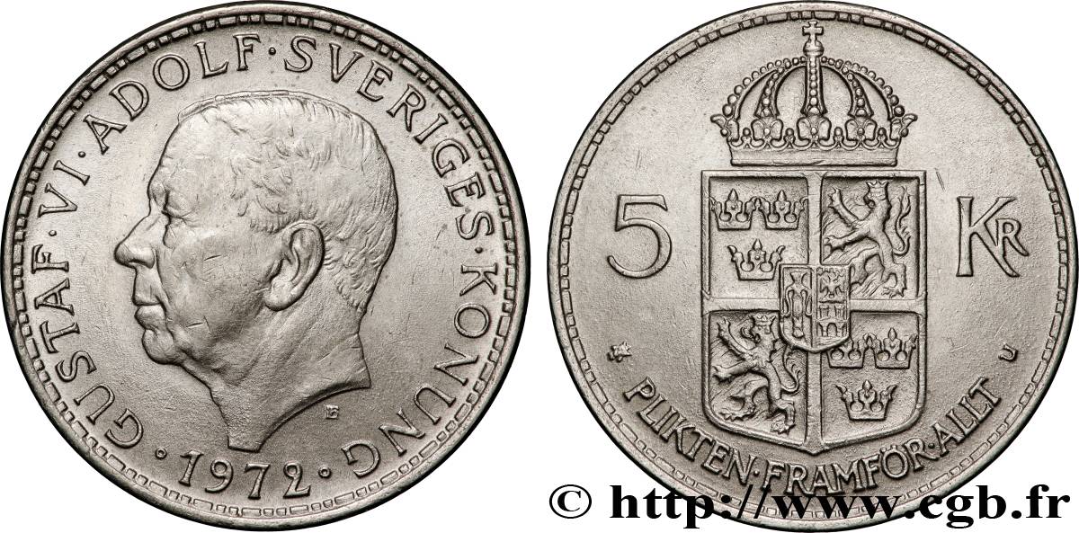 SWEDEN 5 Kronor Gustave VI Adolphe 1972  AU 