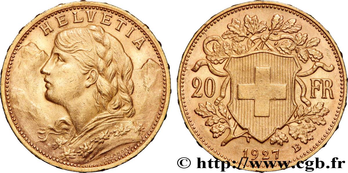 GOLD, PALLADIUM & PLATINUM INVESTMENT 20 Francs or  Vreneli  1927 Berne AU 