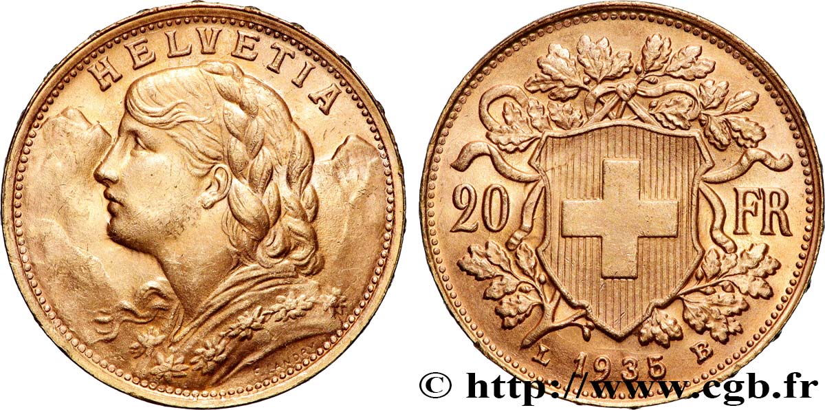 GOLD, PALLADIUM & PLATINUM INVESTMENT 20 Francs  Vreneli  1935 Berne AU 