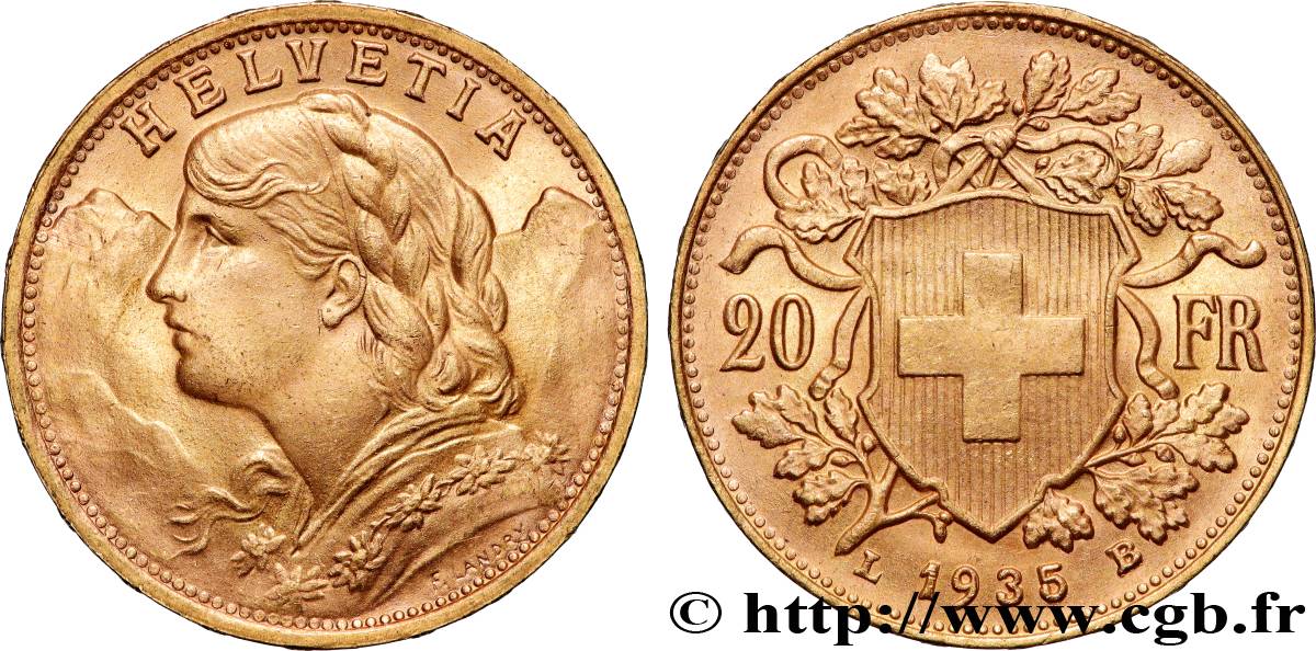 GOLD, PALLADIUM & PLATINUM INVESTMENT 20 Francs  Vreneli  1935 Berne AU 