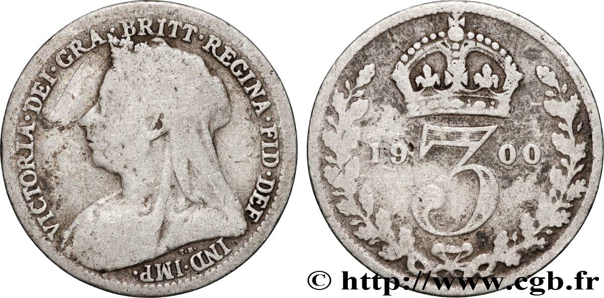 ROYAUME-UNI 3 Pence Victoria buste au voile 1900 Londres TB 