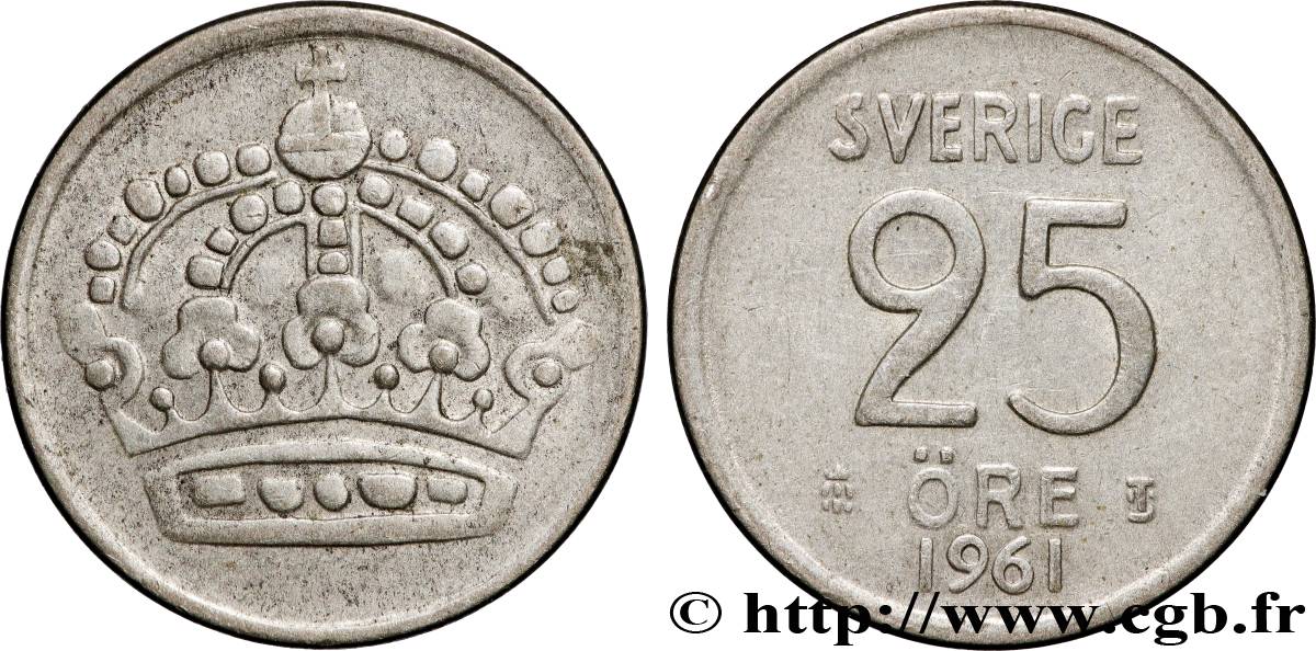 SUÈDE 25 Ore Gustave VI Adolphe 1961 Stockholm TTB+ 