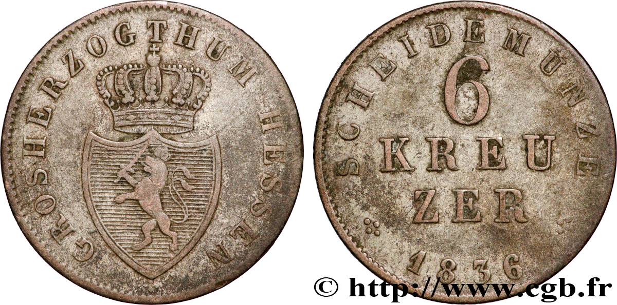 GERMANY - HESSE 6 Kreuzer Hesse-Darmstadt 1836  VF 