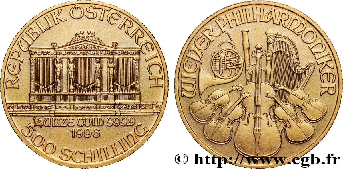 GOLD, PALLADIUM & PLATINUM INVESTMENT 1/4 oz - 500 Schilling, Orchestre philharmonique de Vienne 1996 Vienne MS 