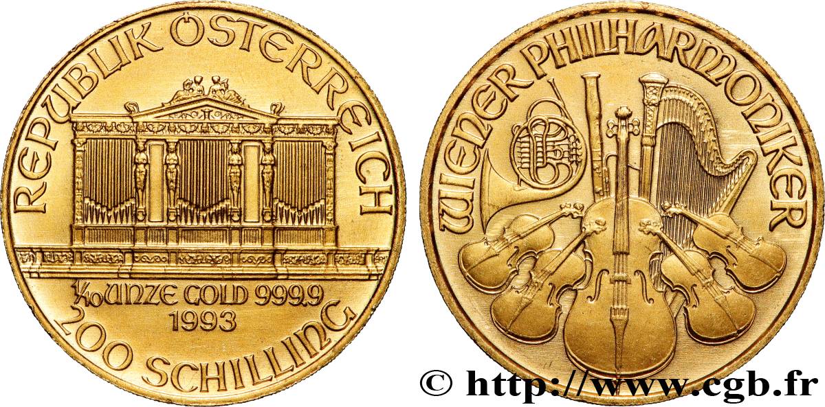 ORO, PALLADIO E PLATINO: INVESTIMENTI 1/10 Oz - 200 Schilling LE PHILARMONIQUE DE VIENNE 1993 Vienne MS 