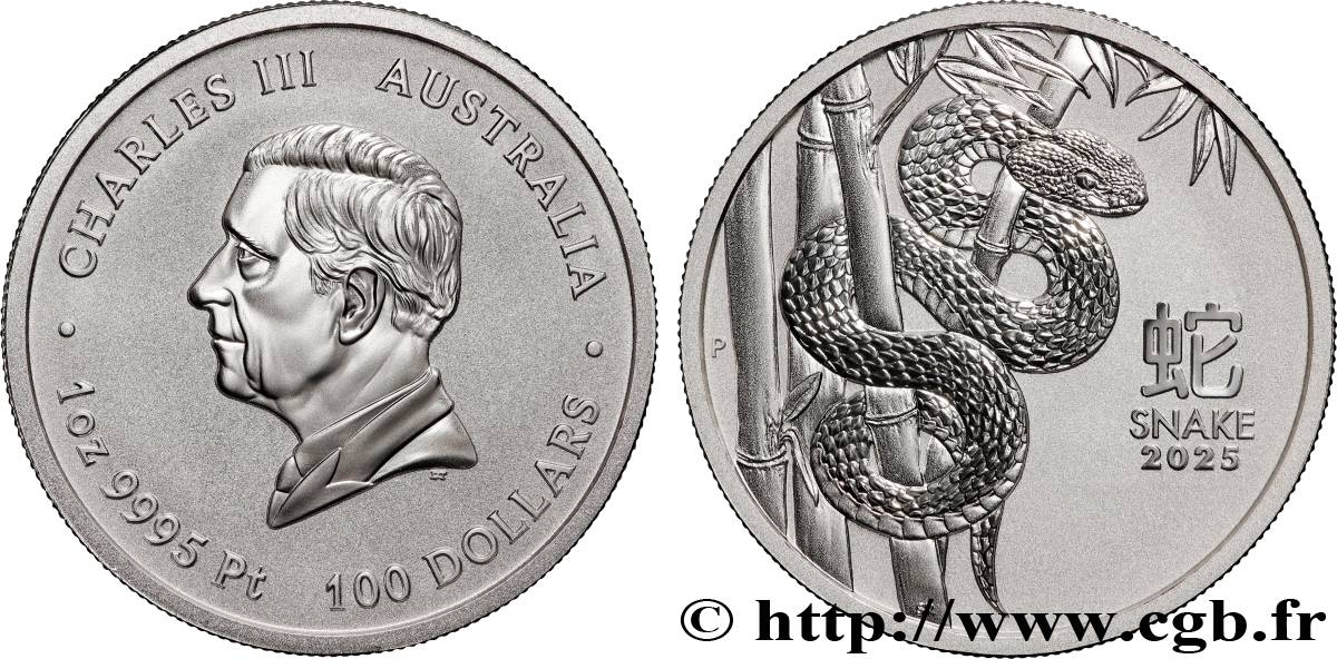 GOLD, PALLADIUM & PLATINUM INVESTMENT 1 Oz - 100 Dollars Serpent 2025 Perth MS 