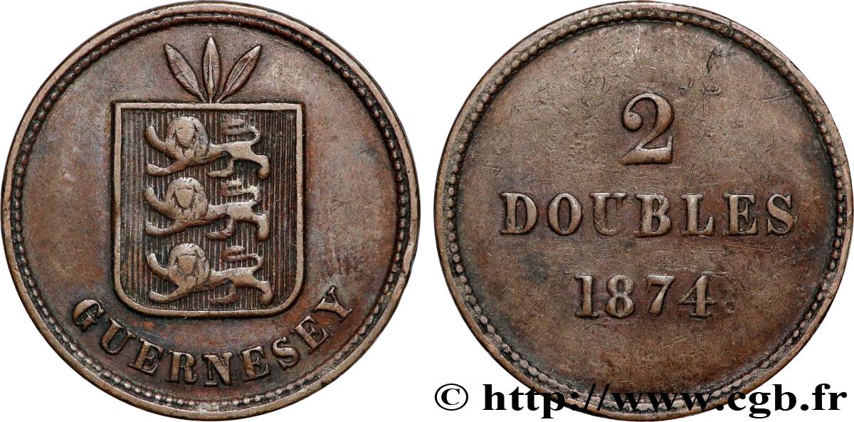 GUERNSEY 2 Doubles armes du bailliage de Guernesey 1874 Londres XF 