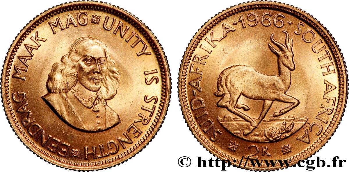 OR, PALLADIUM ET PLATINE INVESTISSEMENT 2 Rand springbok / Jan van Riebeeck 1966 Prétoria SPL 