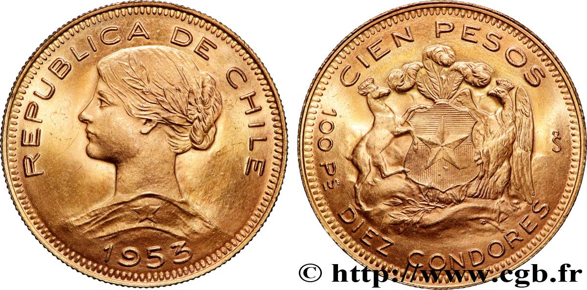 GOLD, PALLADIUM & PLATINUM INVESTMENT 100 Pesos or ou 10 condores en or, 2e type 1953 Santiago AU 