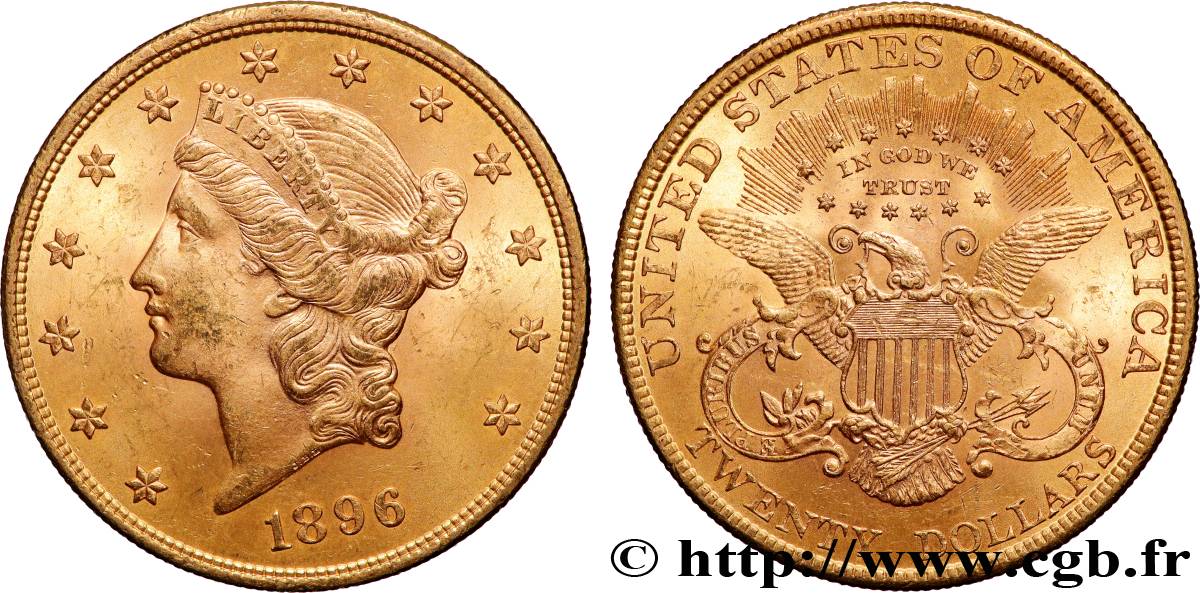 GOLD, PALLADIUM & PLATINUM INVESTMENT 20 Dollars  Liberty  1896 Philadelphie AU 