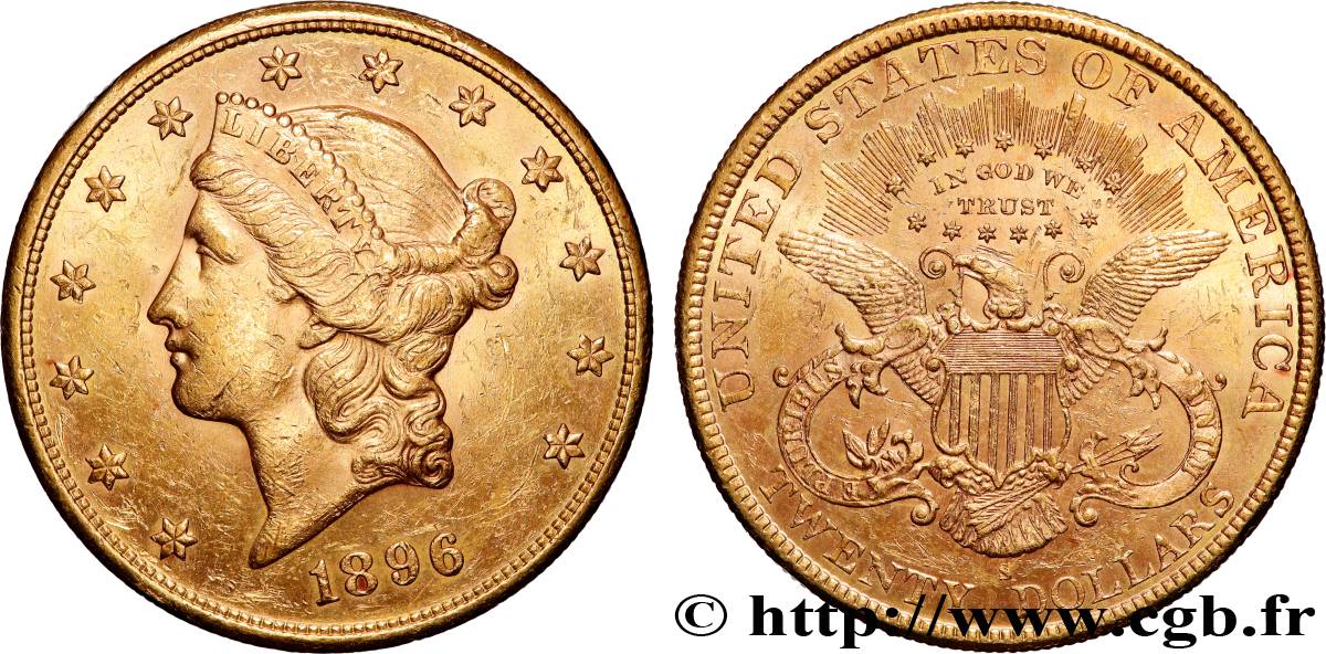 GOLD, PALLADIUM & PLATINUM INVESTMENT 20 Dollars  Liberty  1896 San Francisco AU 