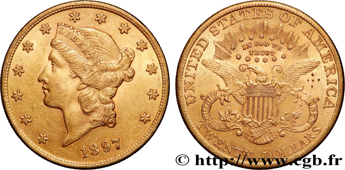 GOLD, PALLADIUM & PLATINUM INVESTMENT 20 Dollars  Liberty  1897 Philadelphie AU 