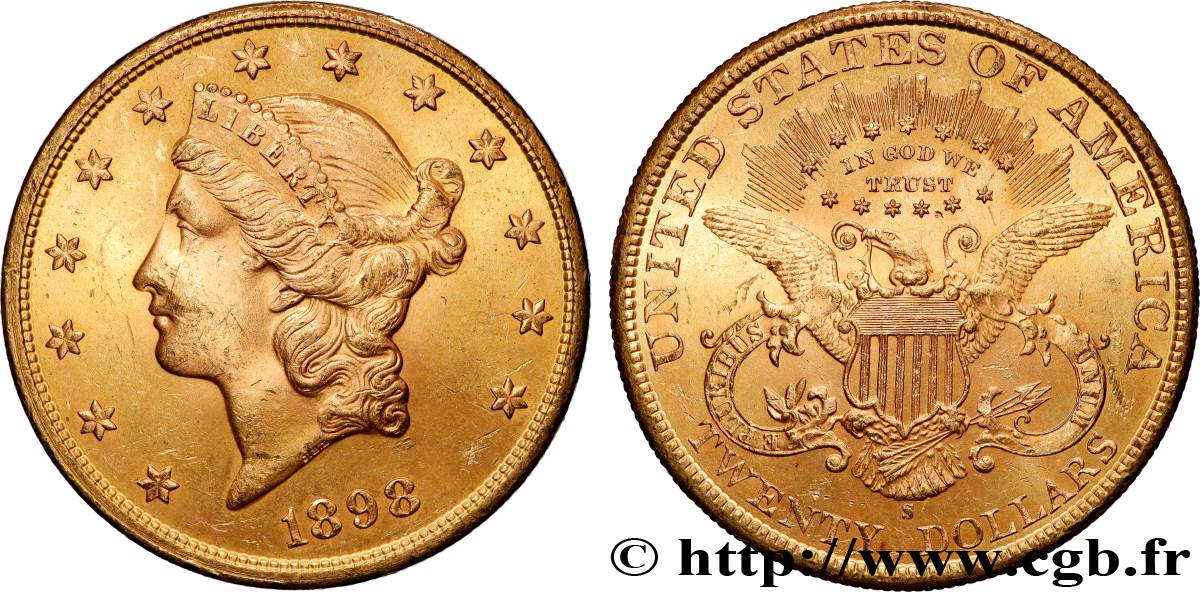 OR, PALLADIUM ET PLATINE INVESTISSEMENT 20 Dollars  Liberty  1898 San Francisco SUP 