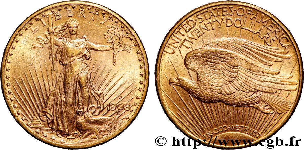 OR, PALLADIUM ET PLATINE INVESTISSEMENT 20 Dollars “Saint-Gaudens” 1908 Denver TTB+ 