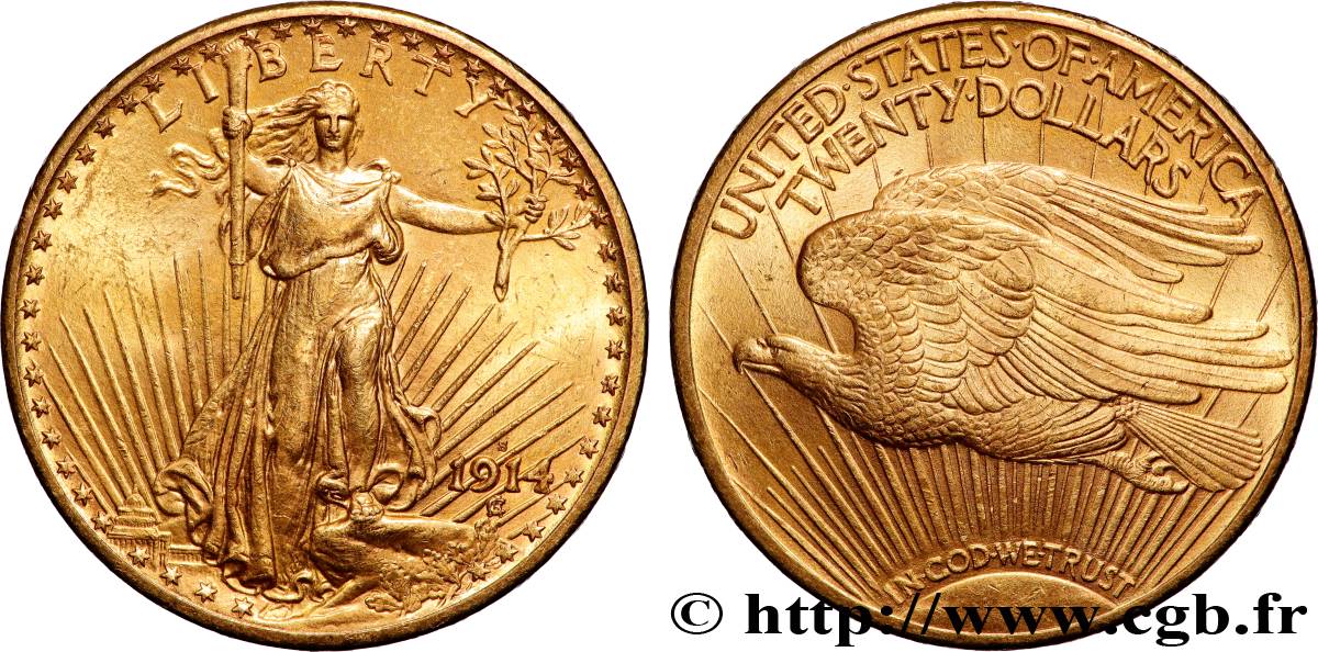 OR, PALLADIUM ET PLATINE INVESTISSEMENT 20 Dollars  Saint-Gaudens” 1914 San Francisco TTB+ 