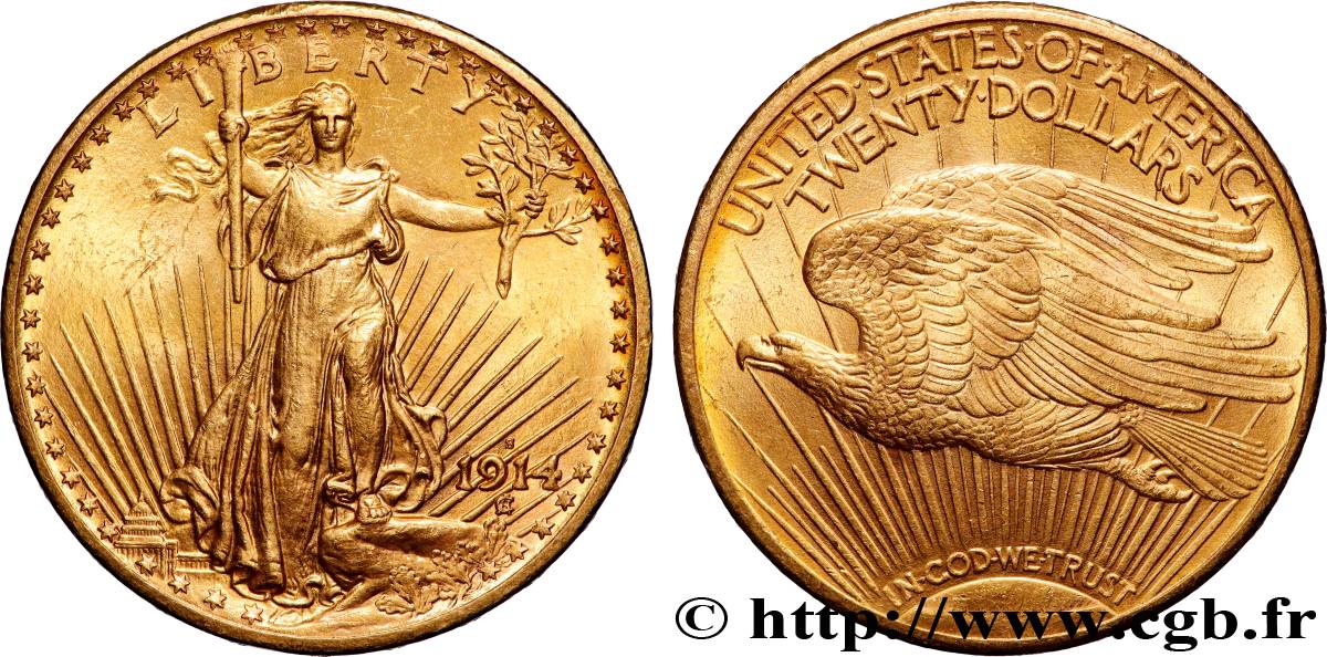 GOLD, PALLADIUM & PLATINUM INVESTMENT 20 Dollars  Saint-Gaudens” 1914 San Francisco AU 