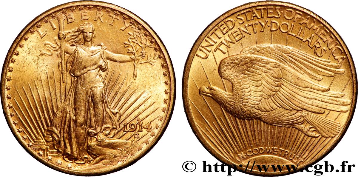 GOLD, PALLADIUM & PLATINUM INVESTMENT 20 Dollars  Saint-Gaudens” 1914 San Francisco AU 