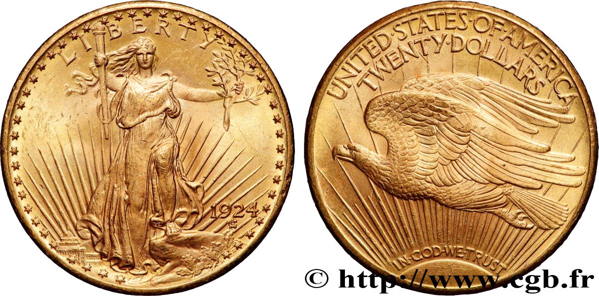 ORO, PALLADIO E PLATINO: INVESTIMENTI 20 Dollars  Saint-Gaudens” 1924 Philadelphie q.SPL 