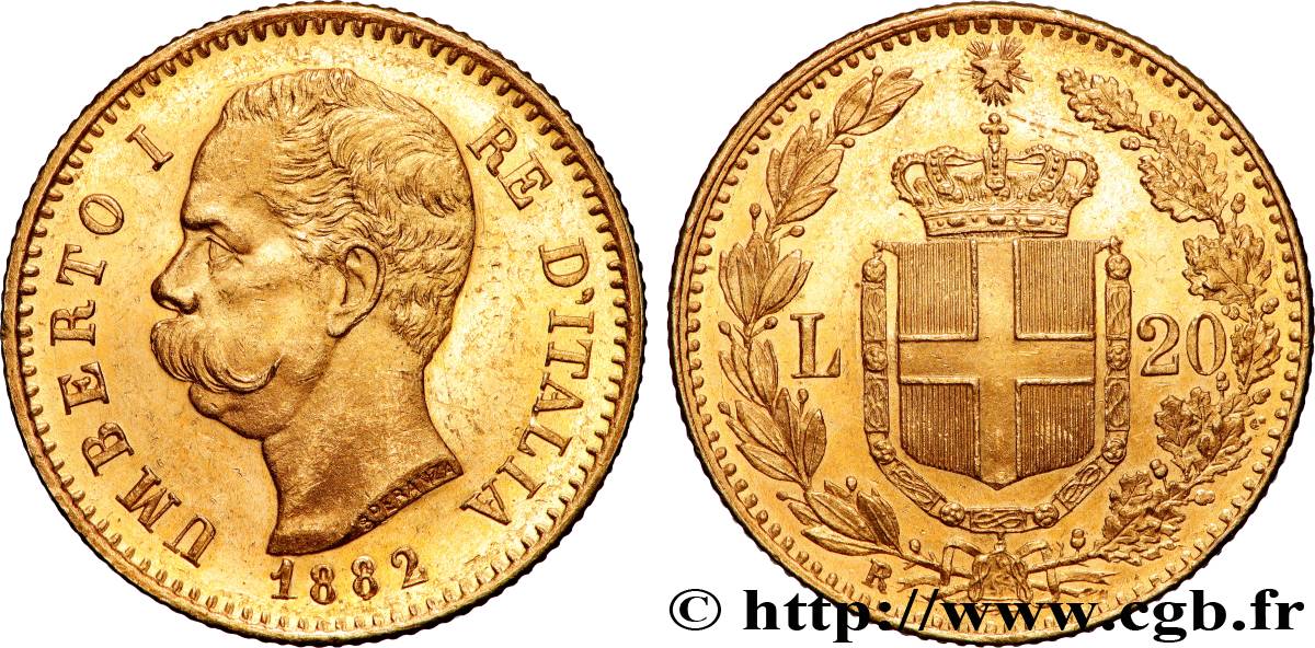 GOLD, PALLADIUM & PLATINUM INVESTMENT 20 Lire Umberto Ier 1882 Rome AU 