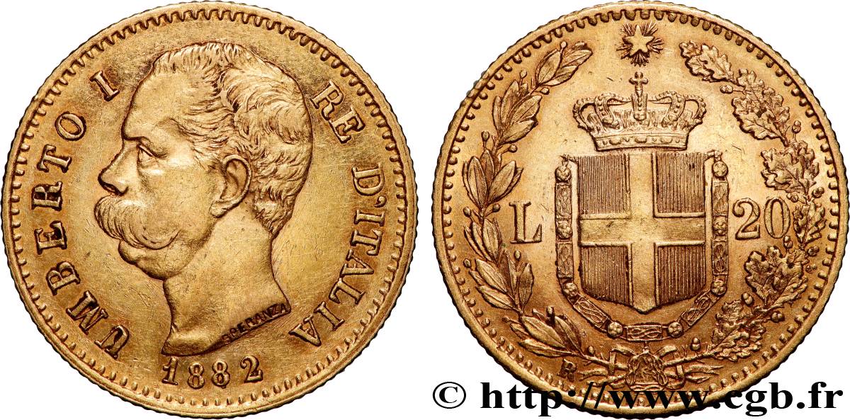 ORO, PALADIO Y PLATINO INVERSIÓN 20 Lire Umberto Ier 1882 Rome EBC 