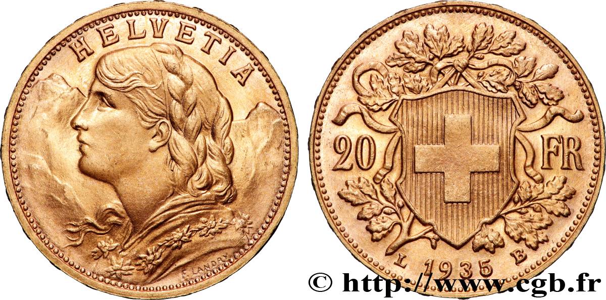 ORO, PALADIO Y PLATINO INVERSIÓN 20 Francs  Vreneli  1935 Berne EBC 