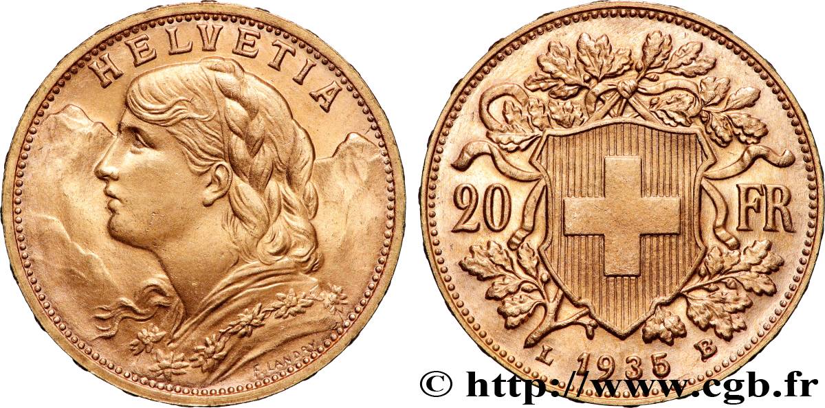 ORO, PALADIO Y PLATINO INVERSIÓN 20 Francs  Vreneli  1935 Berne EBC 