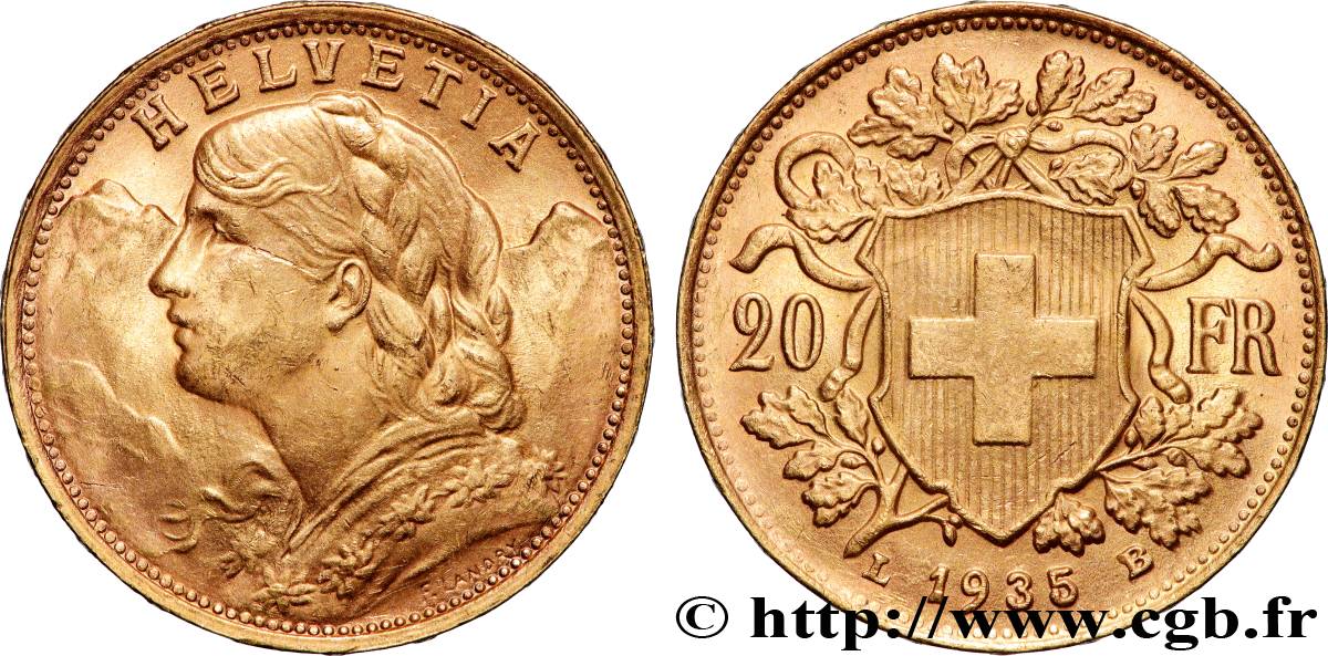 ORO, PALADIO Y PLATINO INVERSIÓN 20 Francs  Vreneli  1935 Berne EBC 