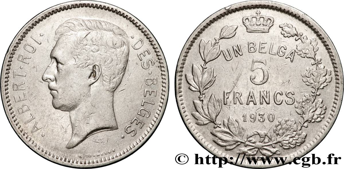 BELGIUM 5 Francs - 1 Belga Albert Ier légende Française 1930 Bruxelles XF 