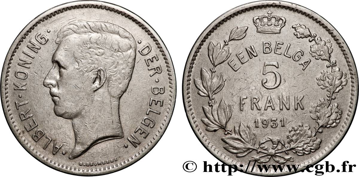 BELGIQUE 5 Frank - 1 Belga Albert Ier légende Flamande 1931 Bruxelles TTB 