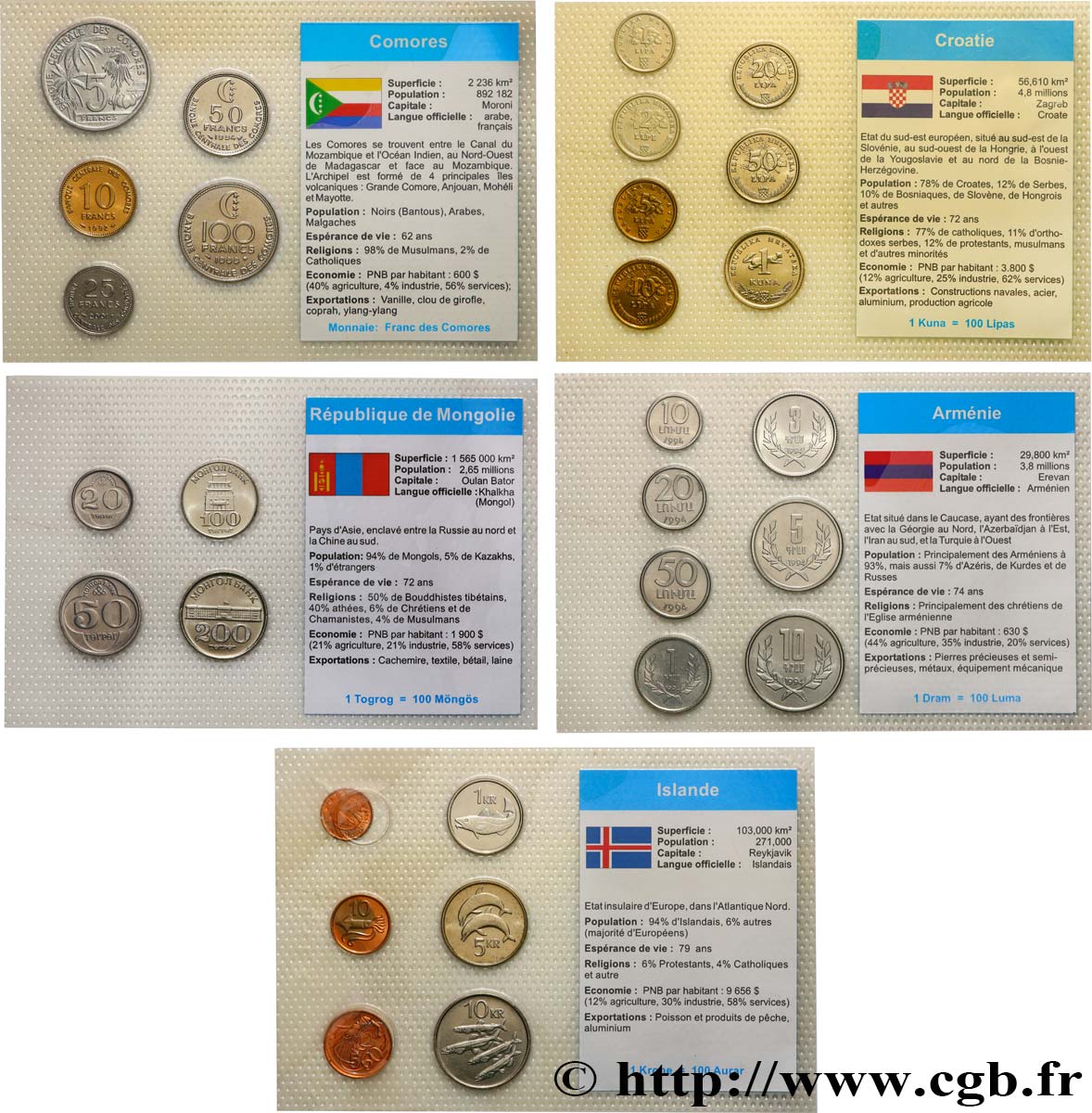 LOTS DE MONNAIES DU MONDE Lot de 5 plaquettes de monnaies - Arménie, Comores, Croatie, Islande et Mongolie n.d.  SPL 