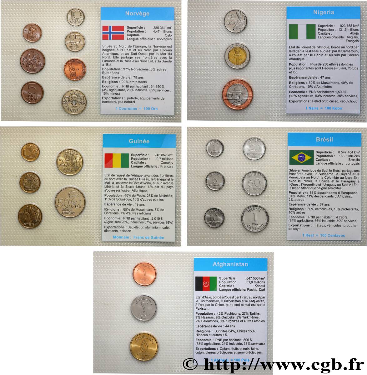 LOTS DE MONNAIES DU MONDE Lot de 5 plaquettes de monnaies - Afghanistan, Brésil, Guinée, Nigeria et Norvège n.d.  SPL 