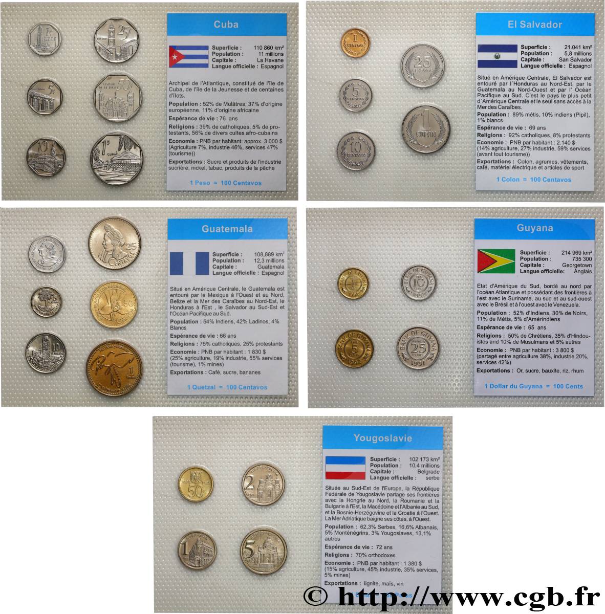 LOTTE DI MONETE DI MONDO Lot de 5 plaquettes de monnaies - Cuba, El Salvador, Guatemala, Guyana et Yougoslavie n.d.  MS 