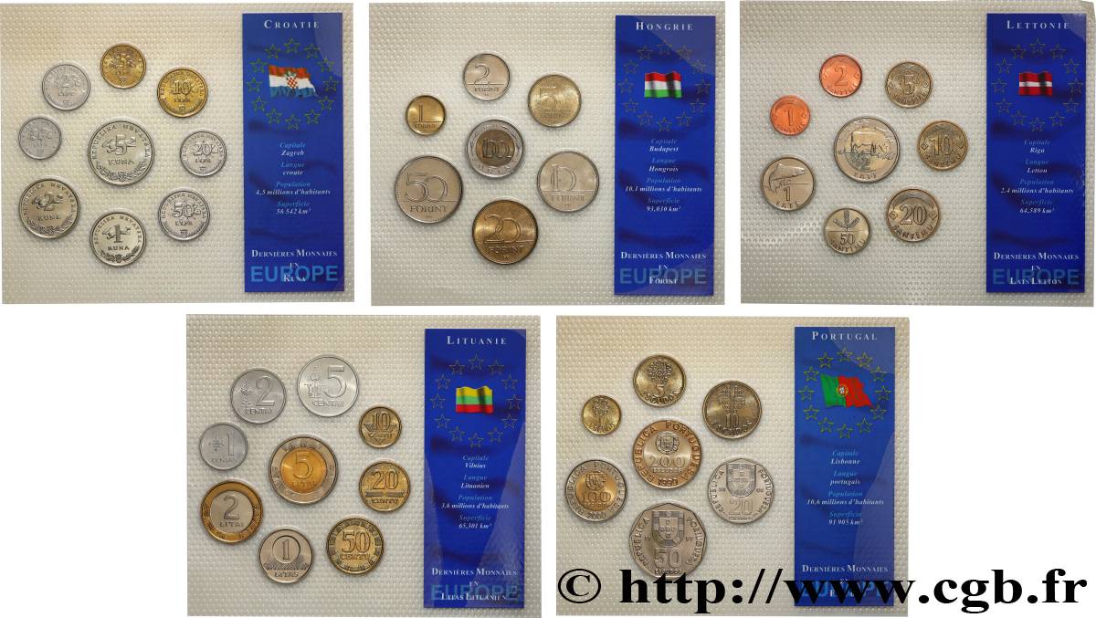 WELTMÜNZEN LOTS Lot de 5 plaquettes de monnaies - Croatie, Hongrie, Lettonie, Lituanie et Portugal n.d.  fST 