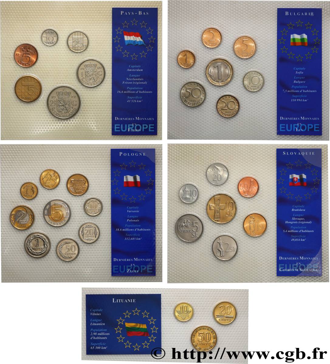 LOTS DE MONNAIES DU MONDE Lot de 5 plaquettes de monnaies - Bulgarie, Lituanie, Pays-Bas, Pologne et Slovaquie n.d.  SPL 